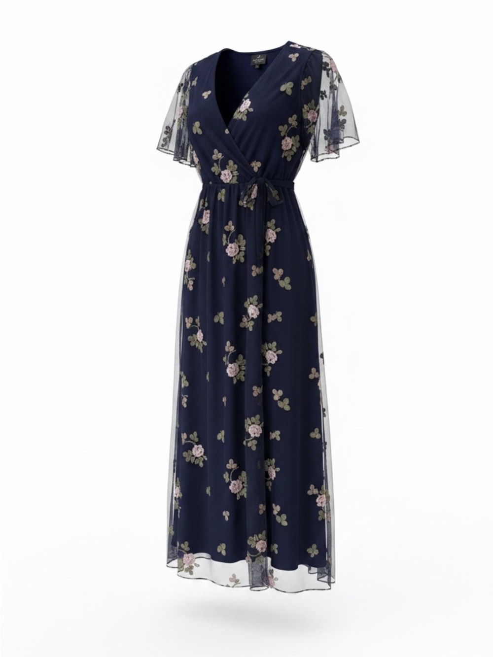 Adrianna Papell Navy Maxi Dress with Pink & Green Floral Embroidery
